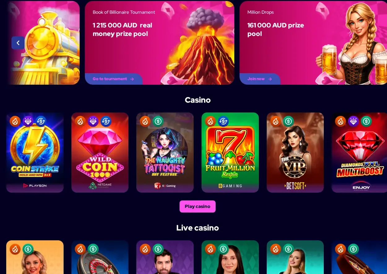 Charmius Home page with promotions, "Book of Billionaire Tournament" banner and casino game grid, 22.10.2026