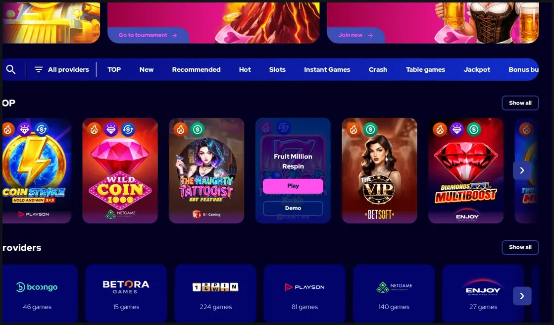 Charmius Casino games browse page, "TOP" slot games grid with 6 visible titles, 22.10.2026