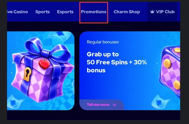 Charmius Promotions page, "Promotions" tab with bonus offer card, 22.10.2026