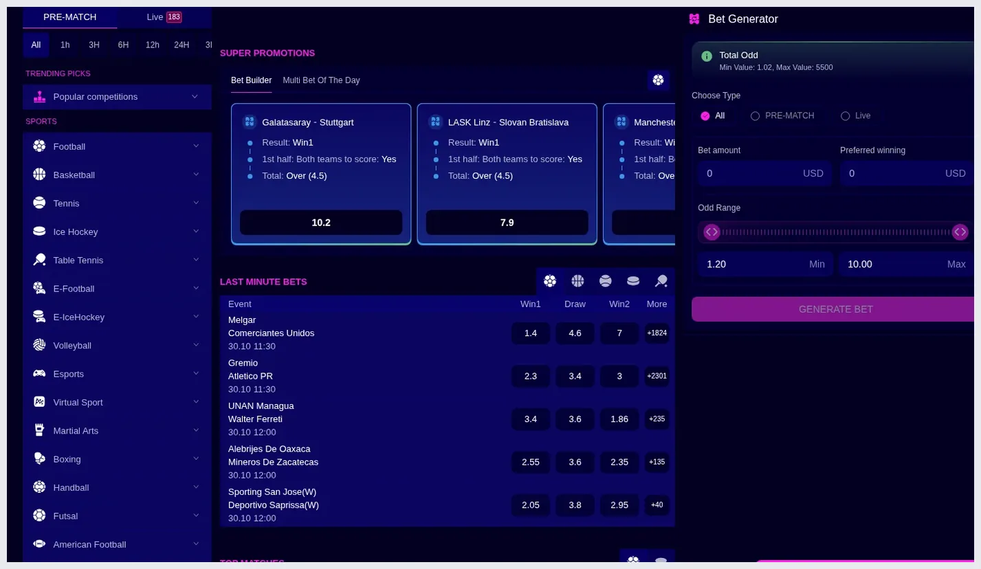 Charmius sportsbook live matches lobby, match list with "Win1", "Draw", "Win2" odds columns and bet generator slip, 30.10.2026