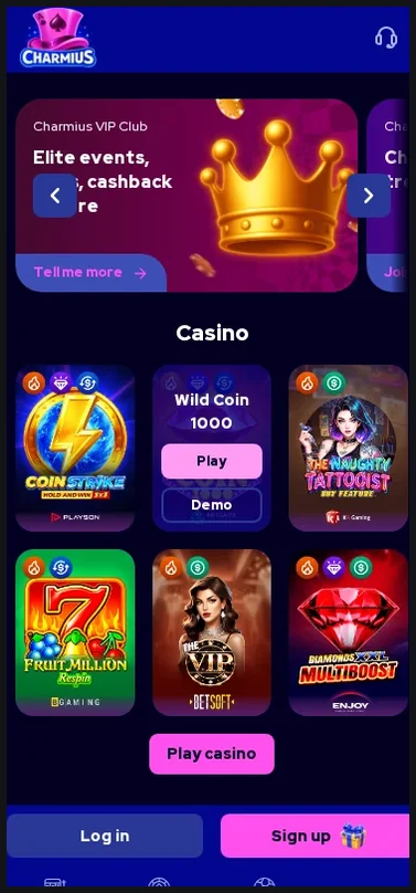 Charmius mobile casino lobby, game tiles grid with "Coin Strike", "Tattooist", "Fruit Million", "VIP", 30.10.2026