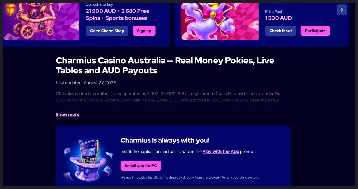 Charmius mobile app promotion section, phone mockup with "Install app for PC" button, 29.10.2026