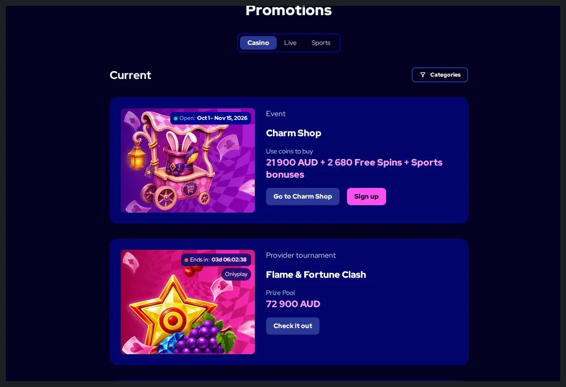 Charmius Promotions page, "Charm Shop" and "Flame & Fortune Clash" promotion cards, 22.10.2026