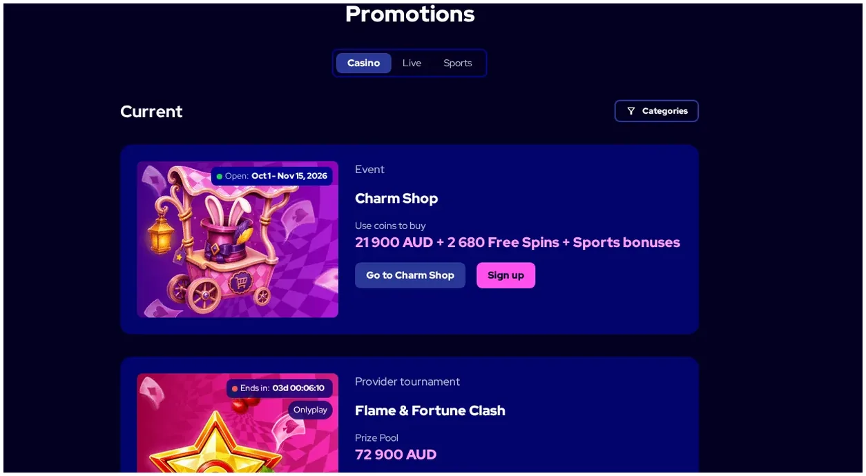 Charmius promotions page, "Charm Shop" and "Flame & Fortune Clash" promotion cards, 22.10.2026