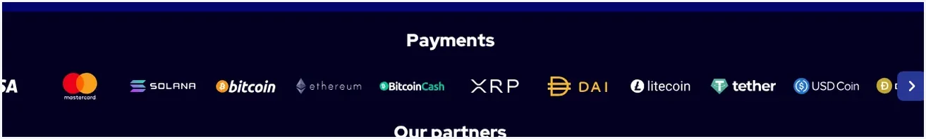 Charmius Payments and partners page, Grid of payment method logos including Visa, Mastercard, Solana, Bitcoin, 29.10.2026