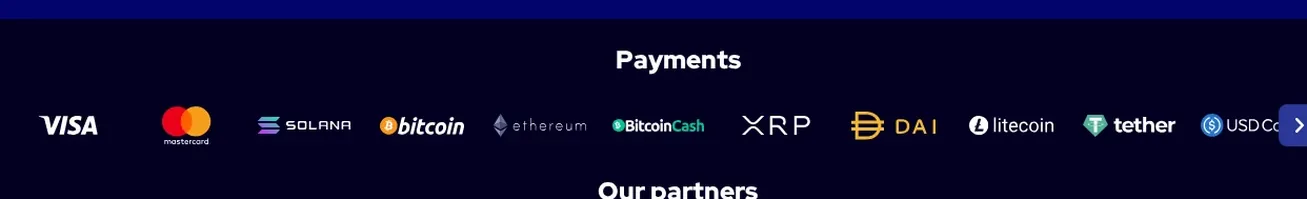 Charmius payments information page, row of payment method logos including Visa, Mastercard, Solana, Bitcoin, Ethereu, 22.10.2026