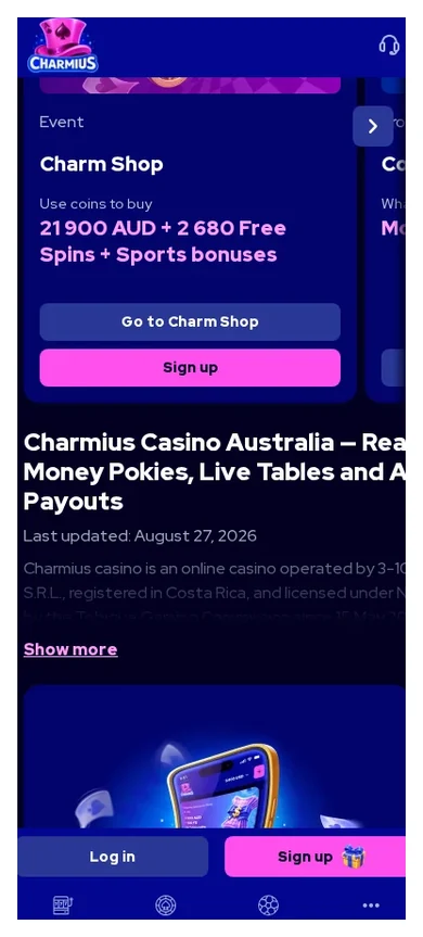 Charmius mobile home page, "Go to Charm Shop" and "Sign up" buttons, 22.10.2026
