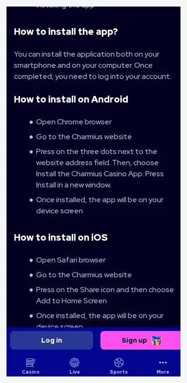 Charmius Mobile app installation instructions, "How to install on Android" and "How to install on iOS" sections, 29.10.2026