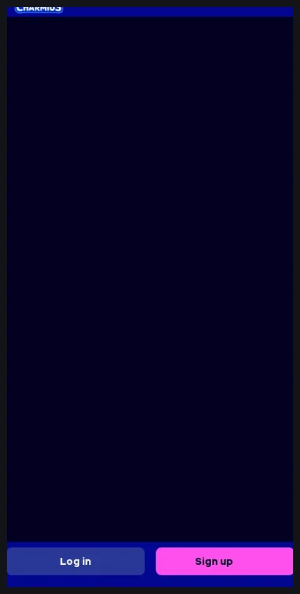 Charmius mobile home page, "Log in" and "Sign up" buttons with bottom navigation, 22.10.2026